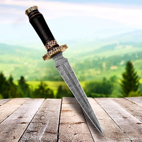Handmade Damascus Steel Dagger Knife Set, 12.5" Fixed Blade, Camel Bone & Bull Horn Handle, Sharp Outdoor Hunting Knife with Sheath – Premium Quality (Black)