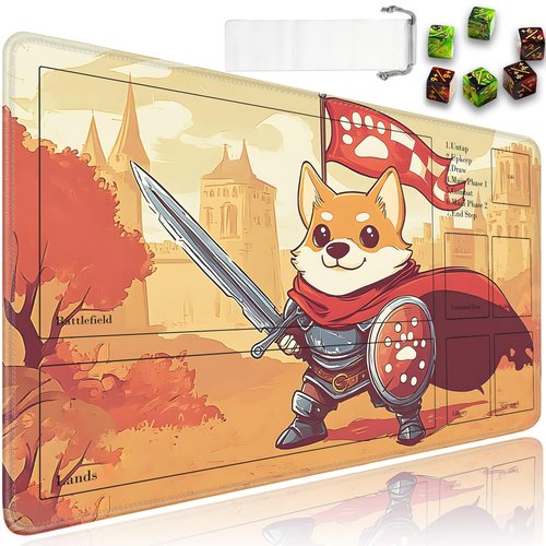 for MTG Playmat with Zones, for TCG Playmat and Board Game Mat with Storage Bag and 6 Dice, 24x14in Non-Slip for MTG Mat, Cute Corgi Warrior Pattern Magic Trading Card Mat Mousepad