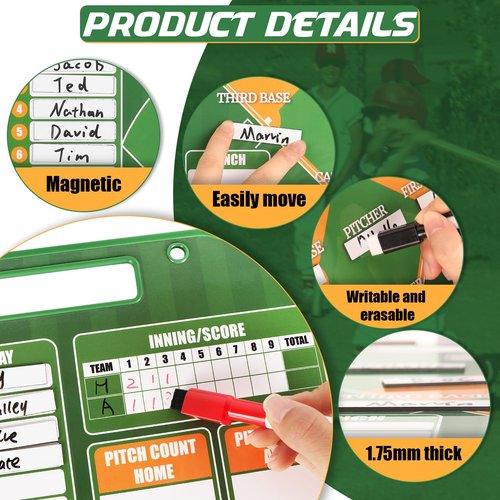 HIGHRAZON Magnetic Baseball Coach Clipboard, Dry Erase Lineup Board, Premium Tactical Baseball Coaching Board with 40 Lineup Cards, Dugout Display Softball Coaching Accessories - Green
