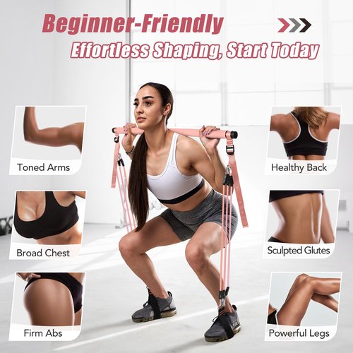 ALongSong Upgraded Pilates Bar Kit with Resistance Bands Natural Latex, Adjustable Exercise Equipment Multifunctional Yoga Pilates Stick for Home Gym Supports Full-Body Workouts,Coral Pink
