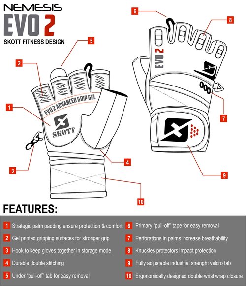 skott 2019 Evo 2 Weightlifting Gloves with Integrated Wrist Wrap Support-Double Stitching for Extra Durability-Get Ripped with The Best Body Building Fitness and Exercise Accessories (Large)