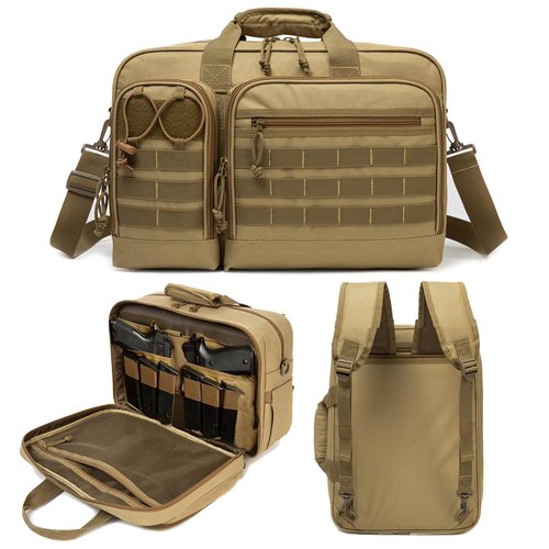 INSSTUID Tactical Gun Range Bag for Handguns and Ammo Pistol Case Shooting Range Backpack Carrying Duffle Bags Magazine Ammo Gear Accessories Molle Pouch for Hunting Shooting Sport Outdoor (Tan)