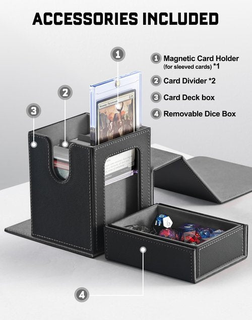 ZLCA MTG Commander Deck Box with Display Window, Card Deck Box Holds 100 Double-Sleeved with Dice Tray & 35pt Magnetic Card Holder （Black&Grey）