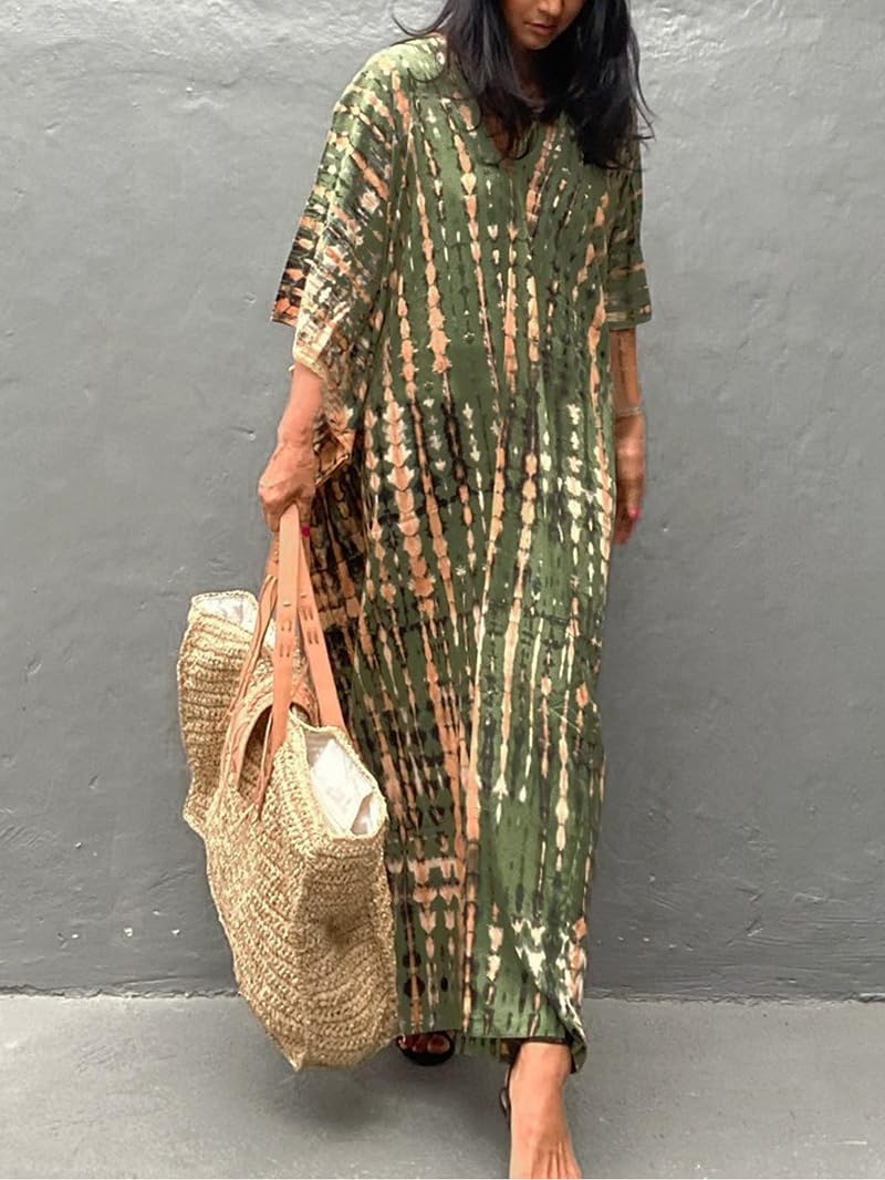 Plus Size Kaftan Dress for Women – Green Coffee Beach Cover-Up