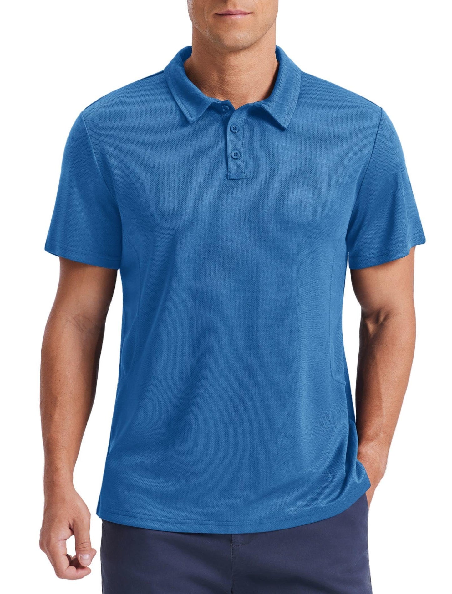 PINSPARK Men's Polo Shirts 3 Button Quick Dry Performance Collared Casual Shirt Short Sleeve Golf Polos for Men Blue