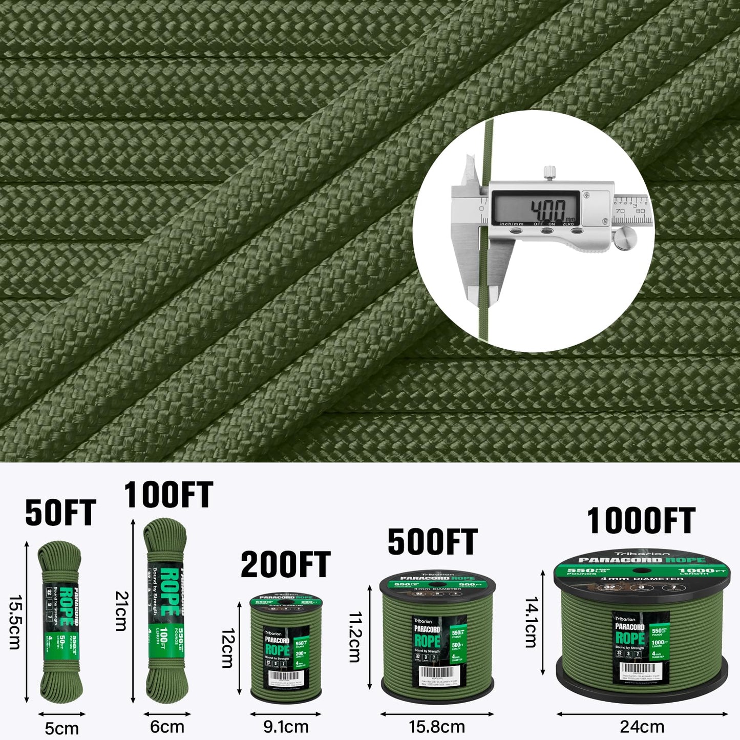 Paracord Rope 550 lb - 200ft 5/32" Parachute Cord 4MM 7-Strand para Cord - Heavy Duty Spool String for Survival,Camping Gear, Survival Bracelet, Clothesline - Army Green