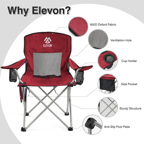 Elevon Folding Camping Chairs, Portable Outdoor Beach Chair for Adults with Carry Bag & Cup Holder, Foldable Lawn Chair with Mesh Backrest for Camp Fishing Hiking Travel Picnic Sports, Burgundy