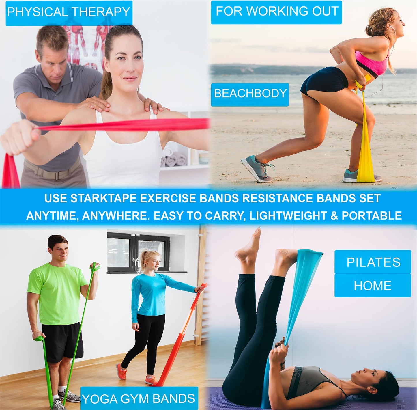 Starktape Resistance Bands Set. 3 or 5 Pack Non-Latex Physical Therapy, Professional Elastic Band. Perfect for Home Exercise, Workout, Strength Training, Yoga, Pilates, Rehab, Gym