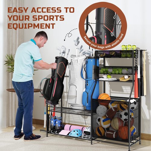 Homiesetify Garage Sports Equipment Organizer, 3 Golf Bag Organizer Stand Heavy-Duty Ball Storage Rack with Basket and Hooks, Ball Storage Cart for Toy Sports Gear Storage, Black