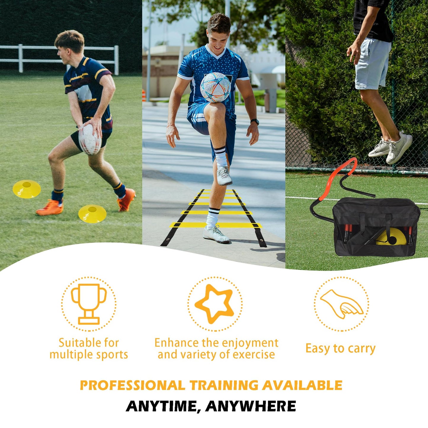 ASENVER Soccer Training Equipment Set, Multifunctional Football Gear with 4 Adjustable Hurdles 9.8 feet 6 Rungs Agility Speed Ladder (Orange)