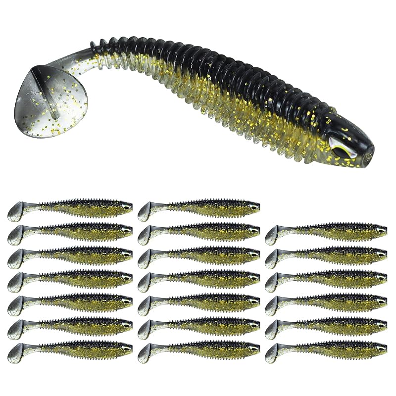 CWSDXM 3D Eyes Paddle Tail Swimbaits, 3in Soft Plastic Lures - Black, 20 PCS