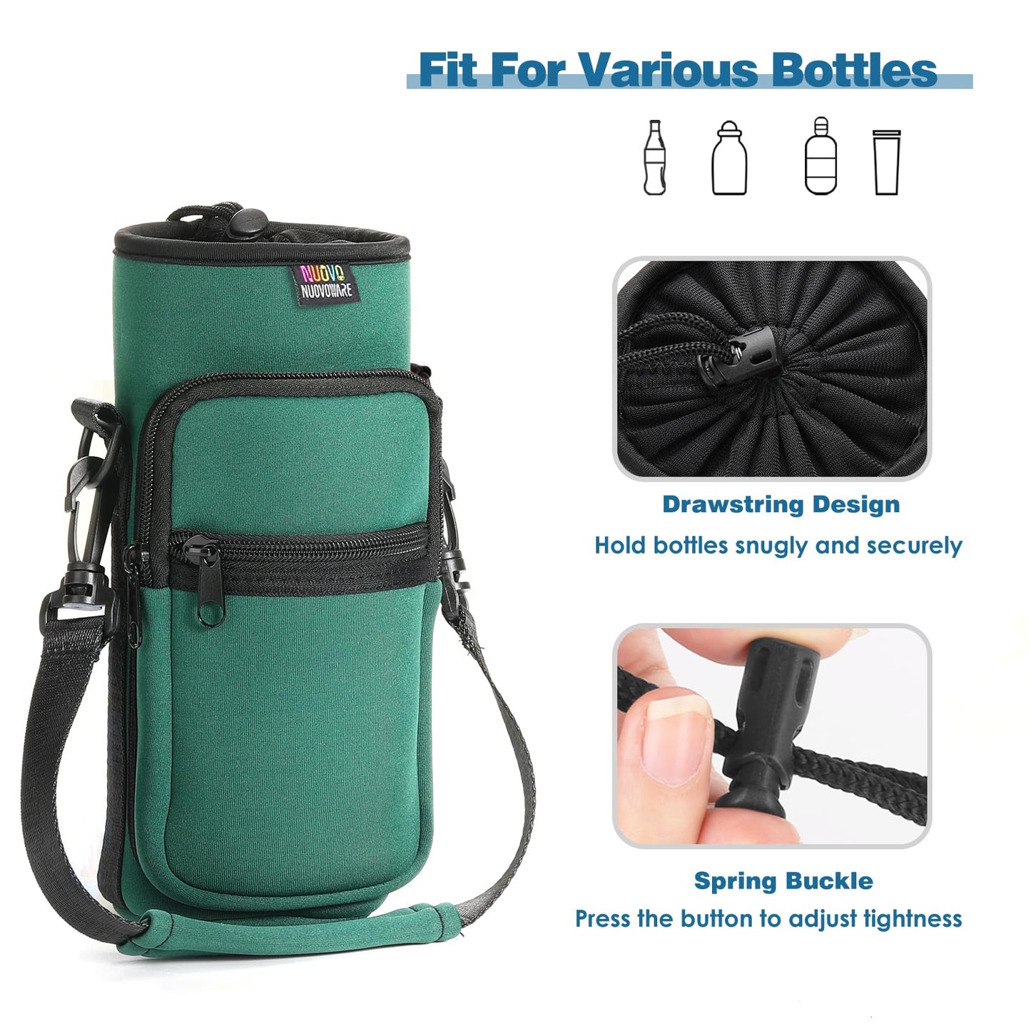 Nuovoware Water Bottle Carrier Bag, 40oz Bottle Pouch Holder, Adjustable Shoulder Hand Strap 2 Pocket Sling Neoprene Sleeve Sports Accessories for Hiking Travelling, Dark Green