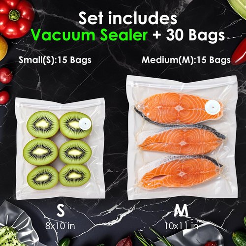 Vacuum Sealer, Portable handheld Vacuum Sealer, (Portable Food Sealer + 30 Reusable Vacuum Bags) With LED pressure display, 2-Speed Pressure Control (60/80 Kpa)