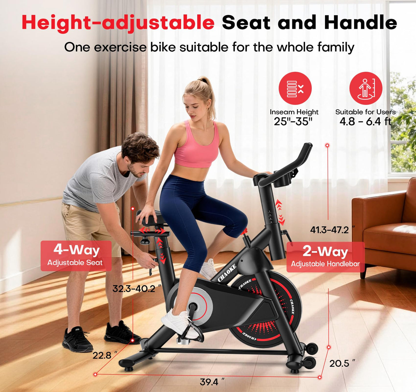 CHAOKE Exercise Bike, Quiet Adjustable Magnetic Stationary Bike for Home Cardio with App Compatible, 350LB Weight Capacity Indoor Cycling Bike with Comfortable Seat, Digital Display for Home Fitness