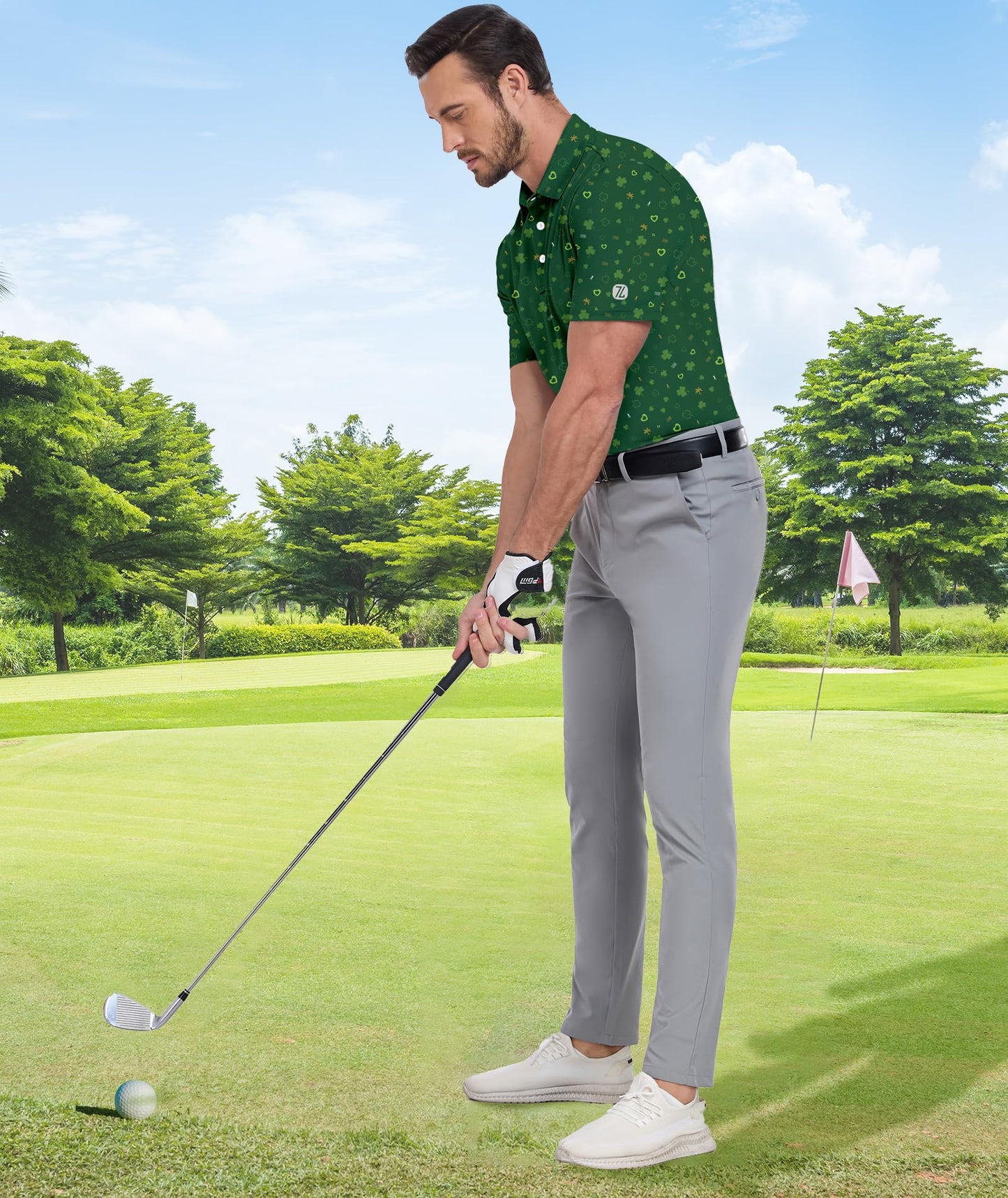 ZITY Mens Golf Shirt Short Sleeve Moisture Wicking Performance Daily Casual Print Patterns Collared Golf Polo Shirts for Men Bright Green X-Large
