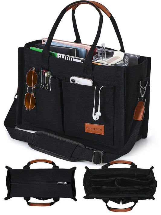 FIORETTO Canvas Tote Bag for Women with Zipper Closure & Individual Compartments for Work College, Crossbody Laptop Tote Purse Handbag with Detachable Strap & Bottom Support for Teacher & Nurse Black