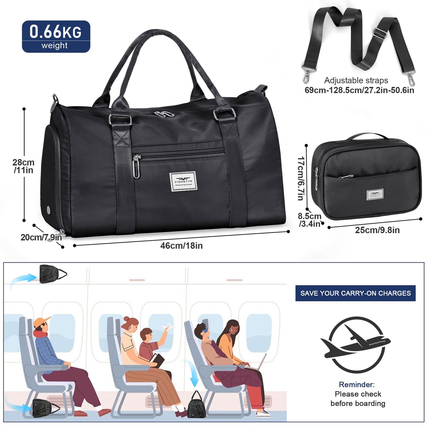 FIORETTO Womens Gym Tote Duffle Bag with Toiletry Bag, Sports Duffel Overnight Hospital Workout Carry on Bag for Girls with Wet Pocket & Shoe Compartment, Ideal for Travel, Swimming, Dance Black