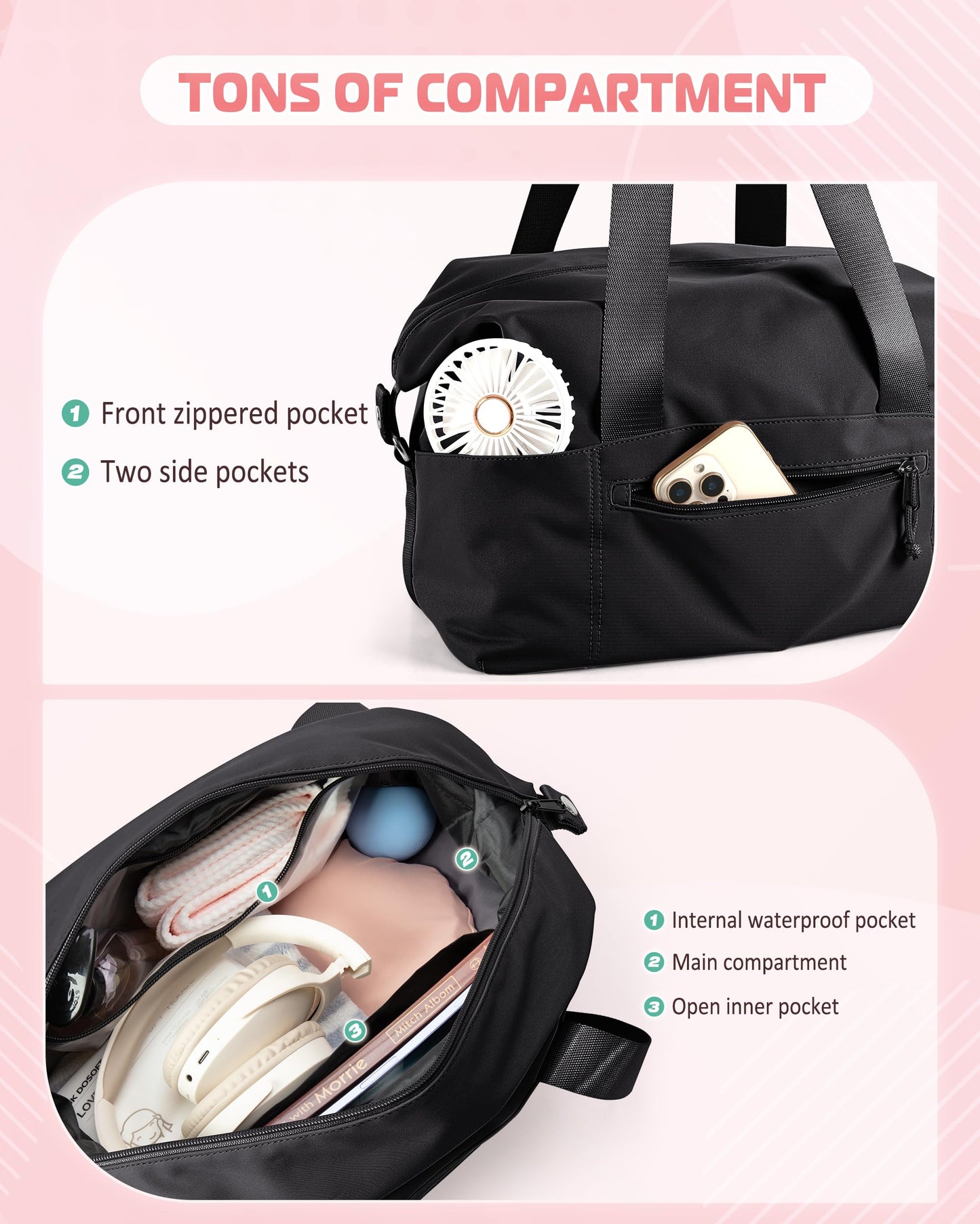 Smasrob Small Gym Bag with Yoga Mat Holder, Wet Pocket and a Separate Pouch, Small Gym Duffle Bag for Women with Detachable Crossbody Shoulder Strap, Black