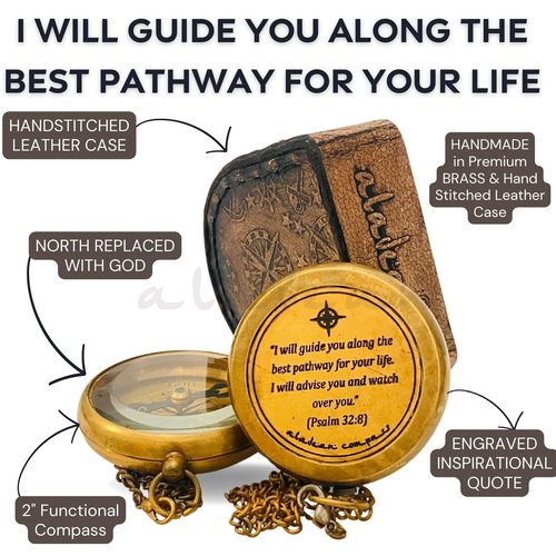 Divine Path Engraved Compass - I Will Guide You - Psalm 32:8" Quote | Inspirational Gifts for Men Women, Uplifting Spiritual Heavenly Faith Gift Boys Girls