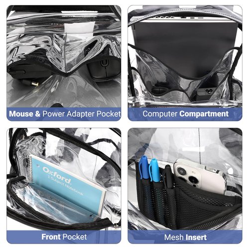 ZORFIN Clear Backpack Heavy Duty for School & Work – 18in Transparent PVC Bag with Large Capacity & Reinforced Straps – See Through Bookbag for Men, Women, Boys & Girls, Workplace Security Black