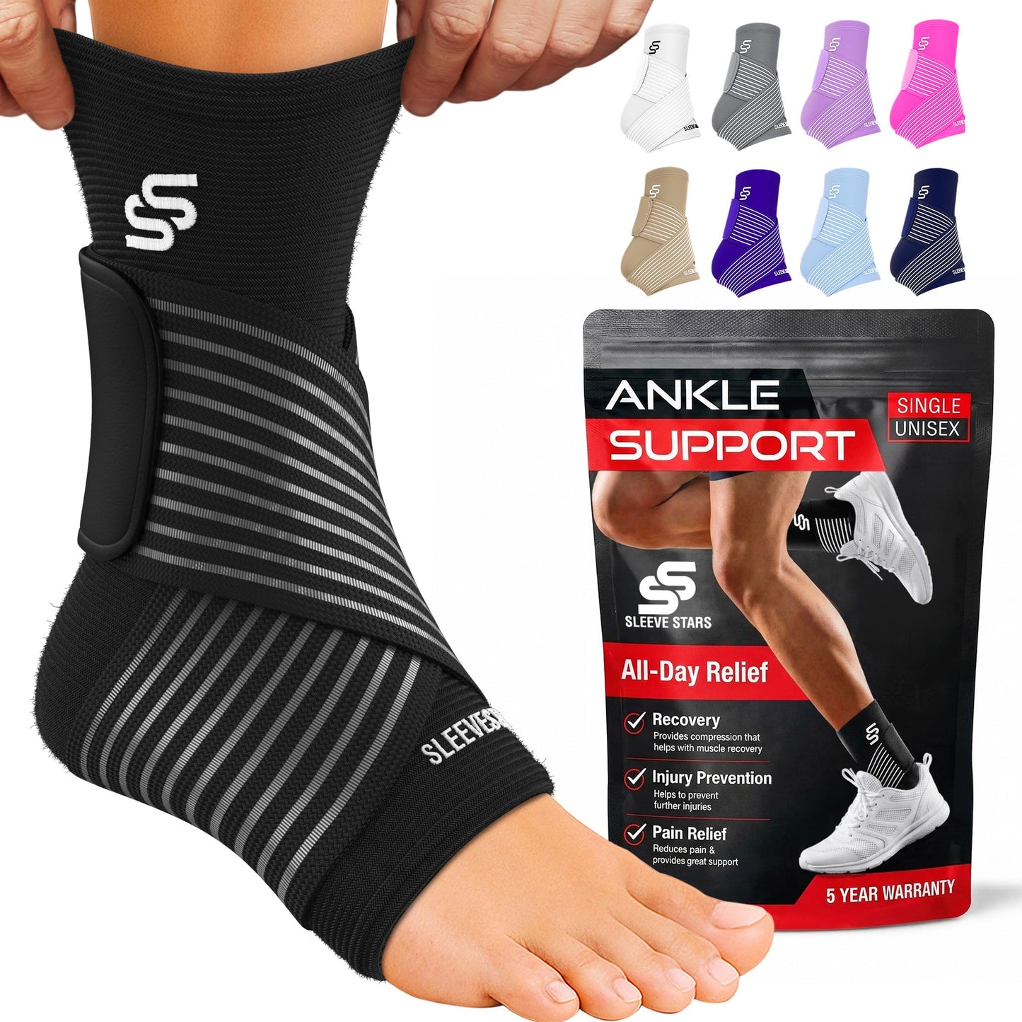 Sleeve Stars Ankle Brace for Women & Men, Ankle Wrap for Sprained Ankle, Compression Sleeve for Plantar Fasciitis Relief, Easy Customizable Support: w/Removable Strap (Pair/L:12"-13"/Black)