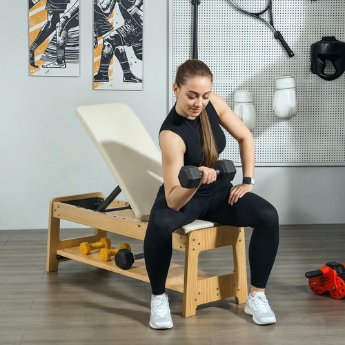 Soozier Adjustable Weight Bench with Dumbbell Rack, Wooden Workout Bench, Flat or Incline Bench for Home Gym Weight Lifting Training, White