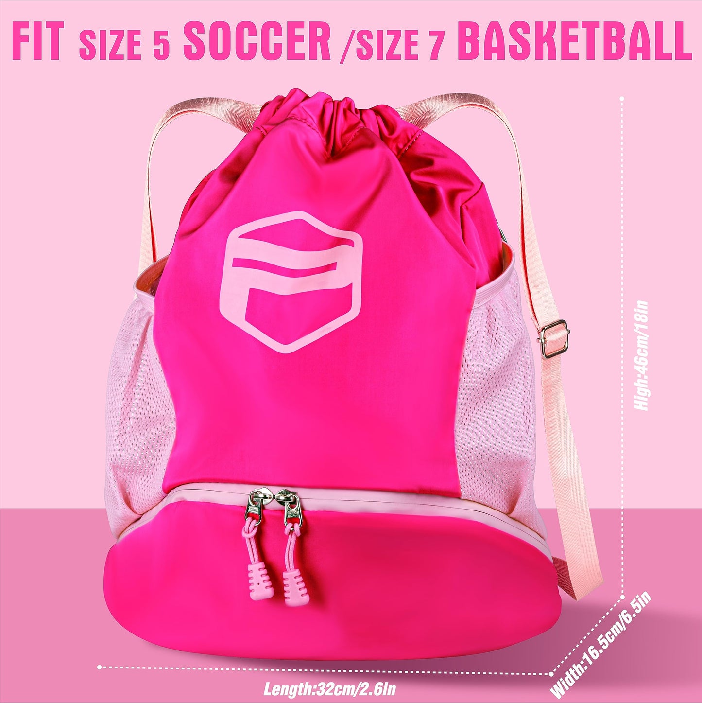 PP PICADOR Soccer Ball Bags, Drawstring Basketball Backpack for Sport Training with Ball Shoe Dry and Wet Compartments(Pink)