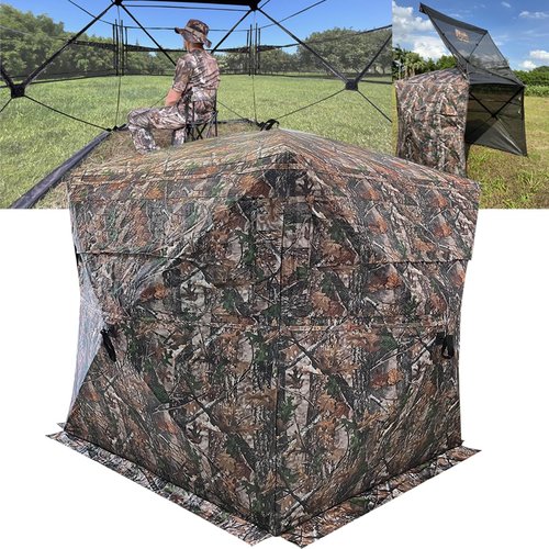 LUCKUNTER 360 Degree See Through Hunting Blind 2-3 Person Ground Camouflage Pop Up Hunting Blind for Turkey Deer Hunting (58X58X67)