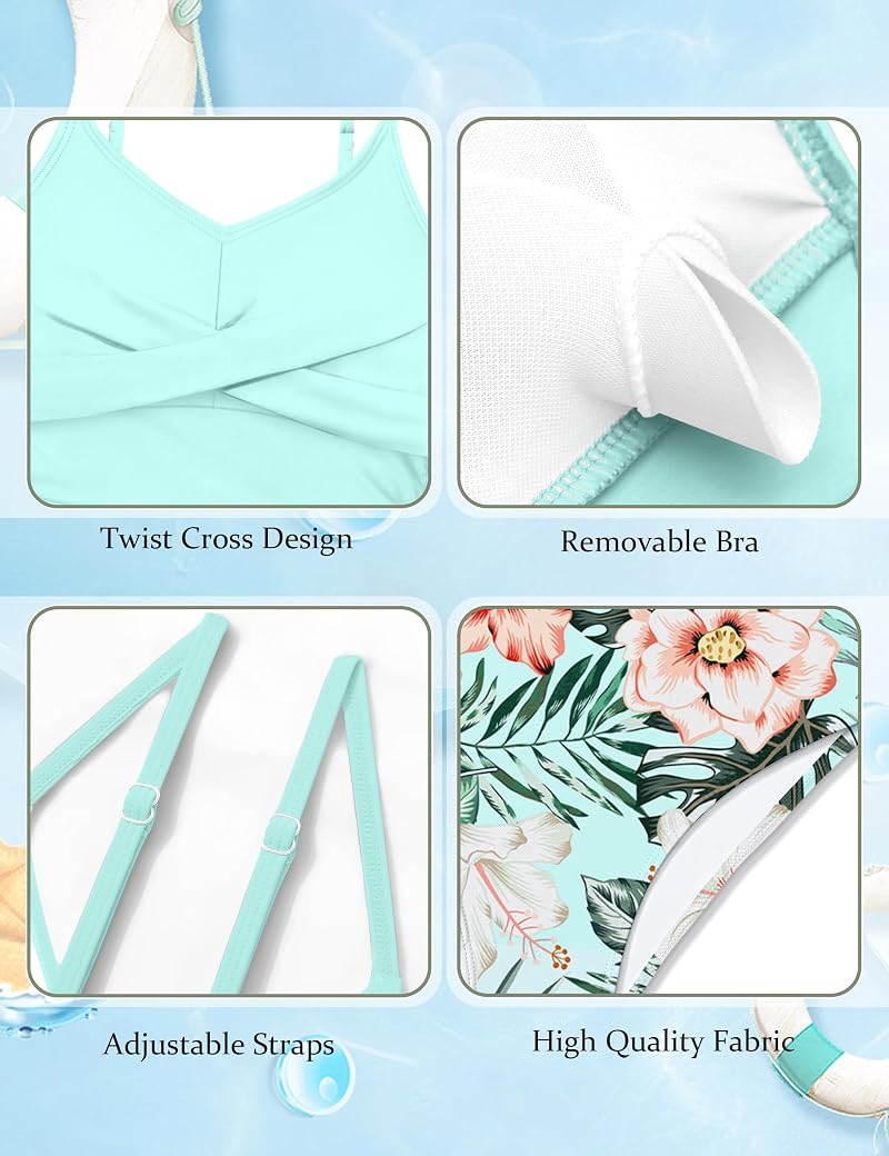 Aulyffo Girls 2-Piece Criss Cross Ruched Tankini Set - A-light Blue, 13-14 Years