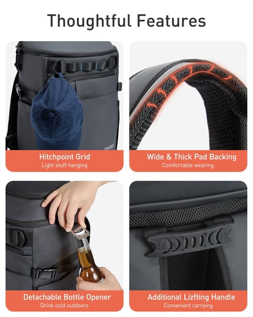 TOURIT 38 Cans Backpack Cooler: Leak Proof Waterproof 2 Insulated Compartments Soft Cooler Bag Beach Travel Camping Picnic Grey