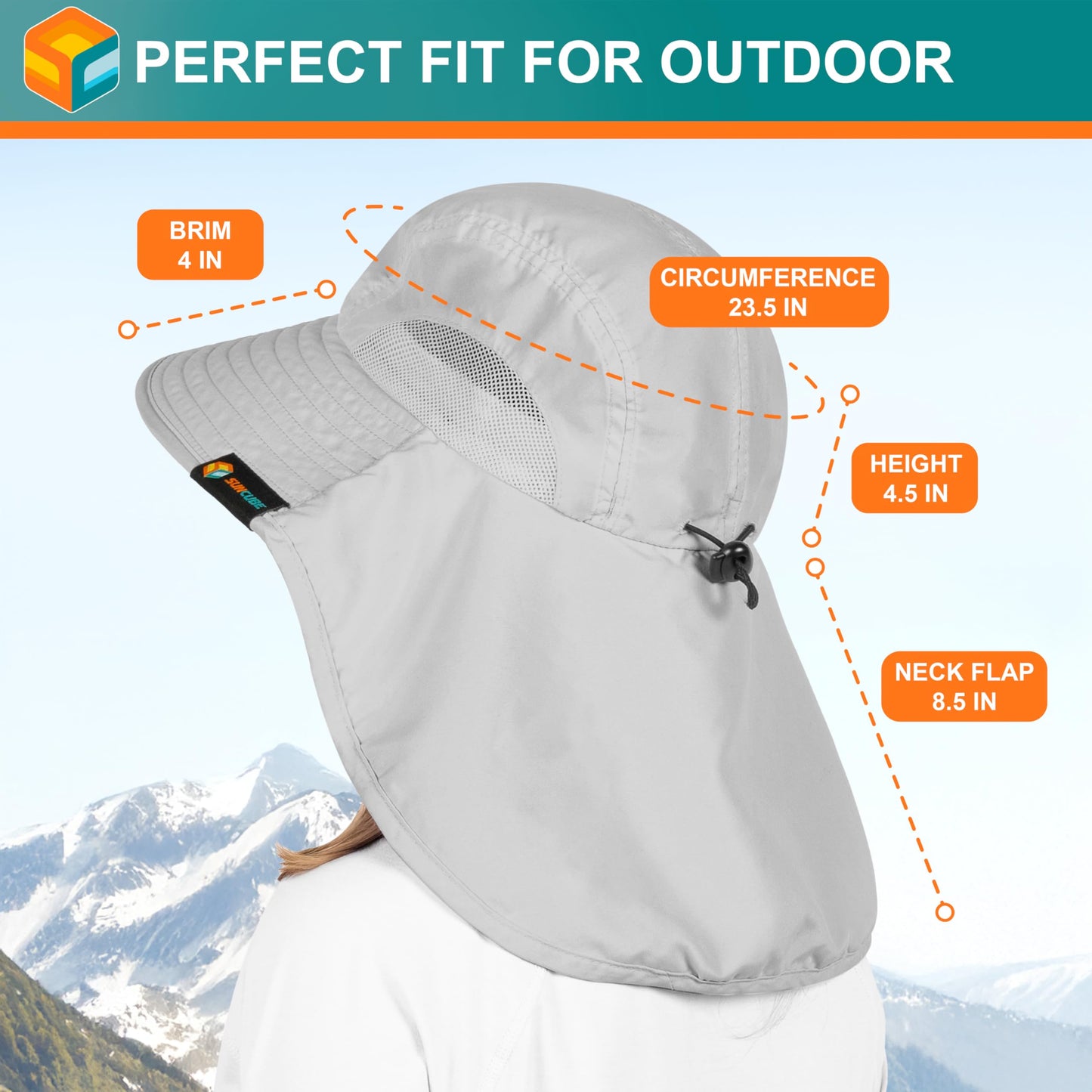 SUN CUBE Wide Brim Sun Hat with Neck Flap for Men Women Fishing, Light Gray