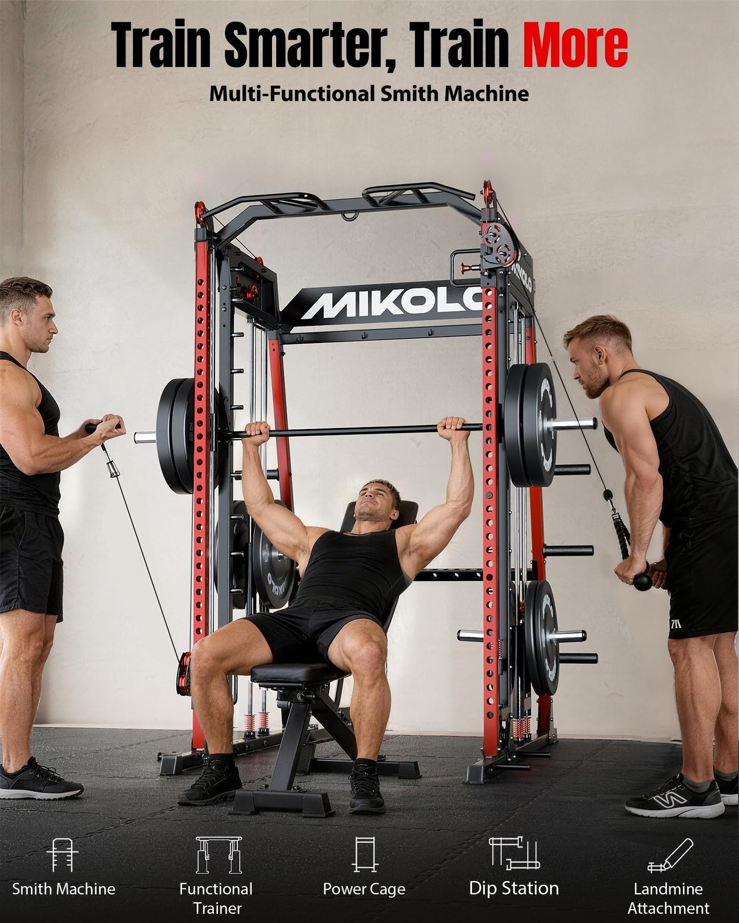 Mikolo M4 2.0 Ultra Smith Machine, Multi-Function Squat Rack with LAT-Pull Down System & Cable Crossover Machine, Training Equipment with Leg Hold-Down Attachment, Red