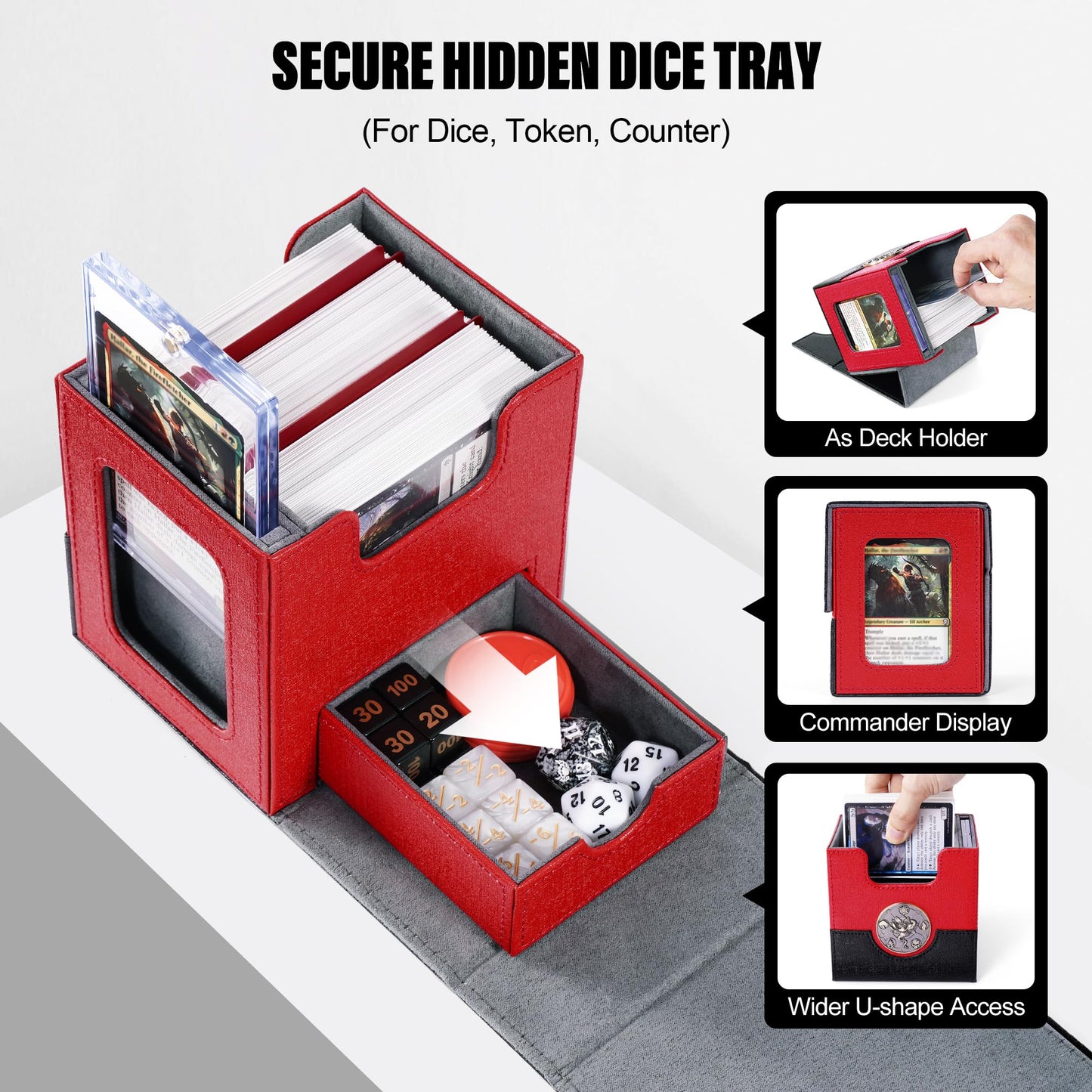 Kabinka Commander Deck Box for MTG with Metal Emblem, Card Deck Box with Dice Tray, Holds 100 Double-Sleeved Cards for TCG/PTCG, Cards Storage Case with 35PT Magnetic Card Holder (Black& Red, Lotus)