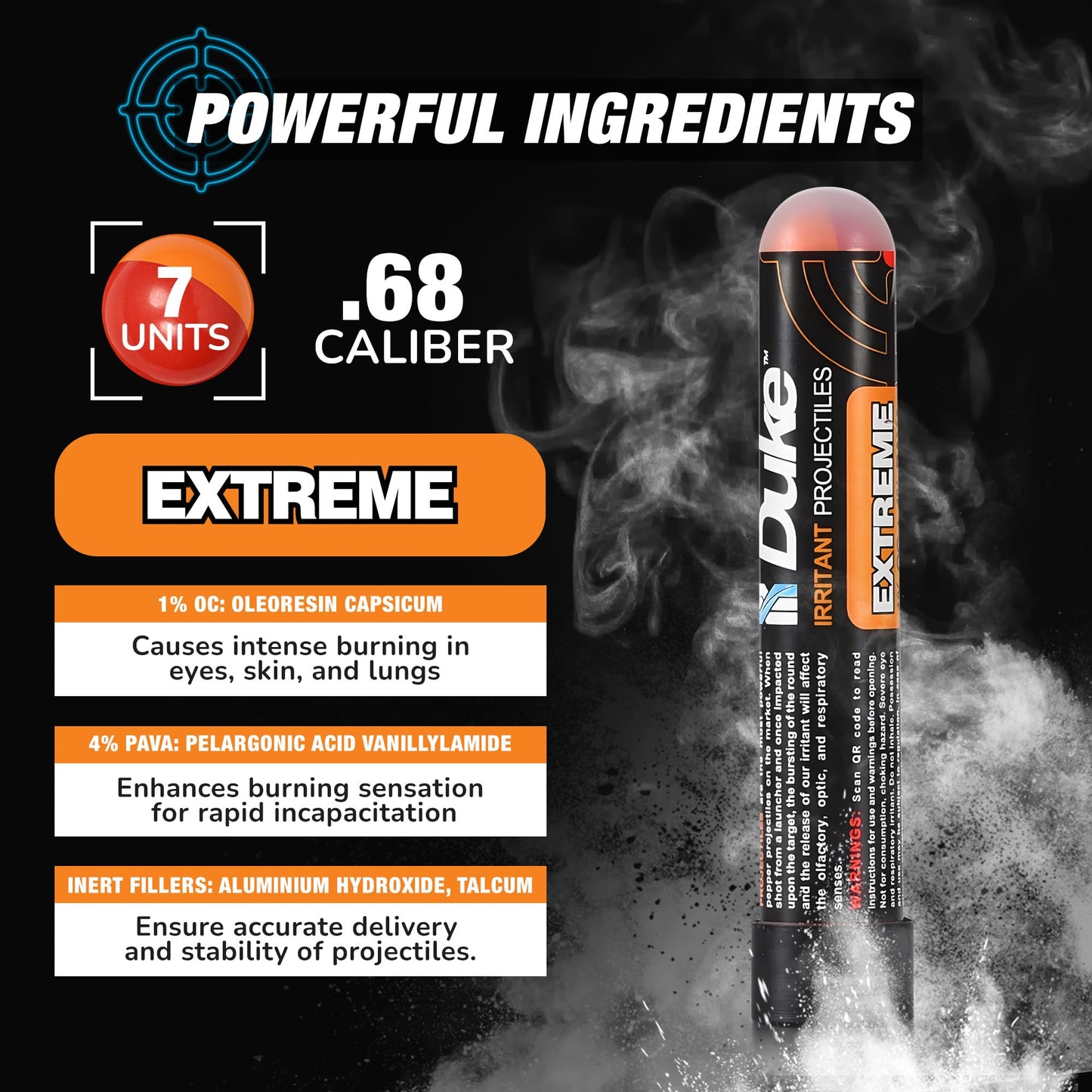 Duke 68 Cal Pepper Ball Projectiles (4% PAVA + 1% OC), 7 Count - Extreme Irritant Projectiles, Non Lethal Pepper Gun Balls for Self Defense Weapons, Professional-Grade, Weight: 3.3g
