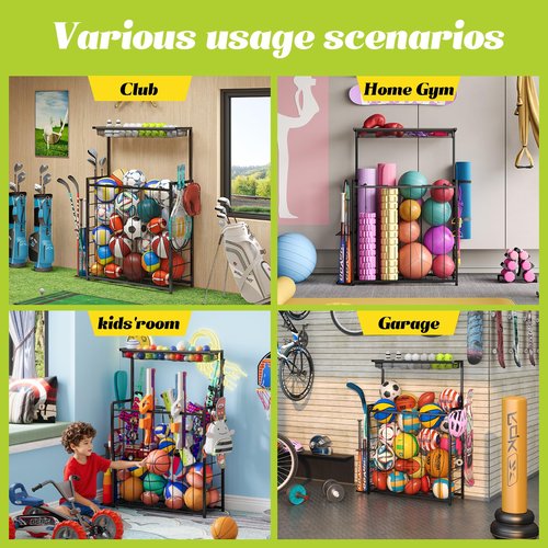 Sports Equipment Organizer, Big Garage Storage Ball Rack with Elastic Straps and 3 Hooks, Outdoor Toy Organizer Stand, Garage organization Storage Rack for Basketball, Football, Soccer, Volleyball