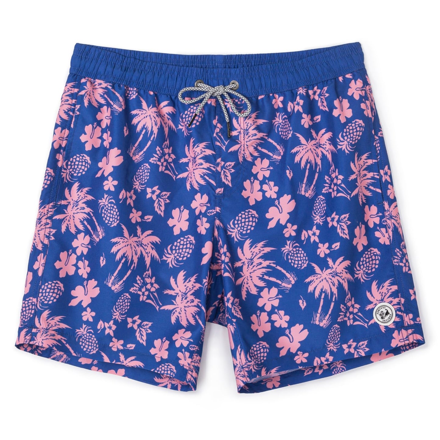 SURF CUZ Mens Swim Trunks 7" Swimming Trunks with Mesh Liner Quick Dry Swim Shorts for Men Swimwear Bathing Suits Pockets,Pink Coconut Grove,L