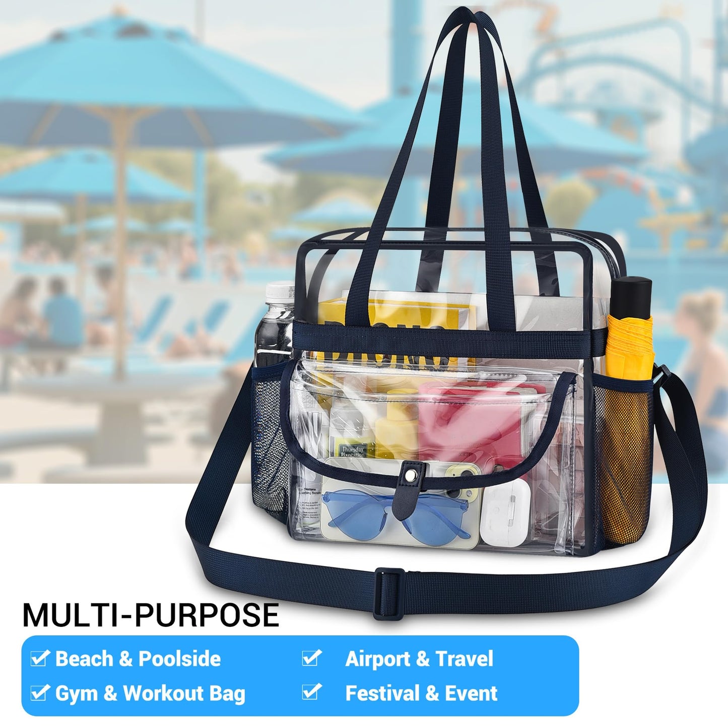 Higuyst Clear Tote Bag 12x12x6 for Sports Events & Concerts,Transparent Stadium Bag with Adjustable Strap, Mesh Pockets (Black)