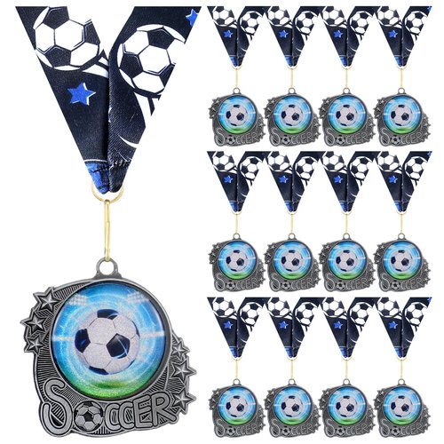 Seenelling 12 Pcs Soccer Medals Trophy Silver Metal Sport Ball Award Medals with Ribbon for Participation Sports Themed Party Favors