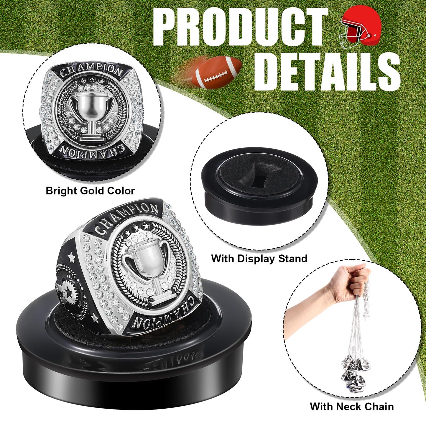 Landical 12 Packs Champion Trophy Rings Mvp Sport Award Gift with Neck Chain and Display Stand Box for Tournament or League Champion Winner(Silver)