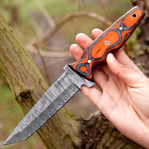 ColdLand Damascus Bushcraft Knife - 10.75 Inch Fixed Blade Knife with Camel Bone, Rose Wood & Pakka Wood Handle - Full Tang Hunting Knives with Leather Sheath for EDC, Camping & Hiking - NAK29