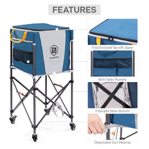EVER ADVANCED 150 Tennis Capacity Ball Hopper Rolling Ball Cart with Side Pockets, 16.2 x 16.2in Folding Pickleball Basket with Wheels, Sports Equipment Organizer for Baseball Training/Practice, Blue