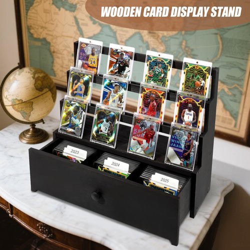 Trading Card Display,Wood Sports Card Display Case with Custom Drawer,Card Supporters and Dividers,3-Tier Graded Card Display for Card Game Collection