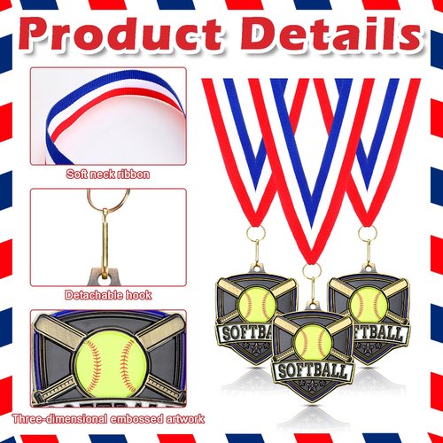 Trnayi 20 Pcs 10/20 /30/40 Pcs Award Medals Bulk Sports Medals with Neck Ribbons 2.4 Inch Winner Award Trophy Prize Gift for Sports Themed Party Favors Tournaments School Match (Softball)