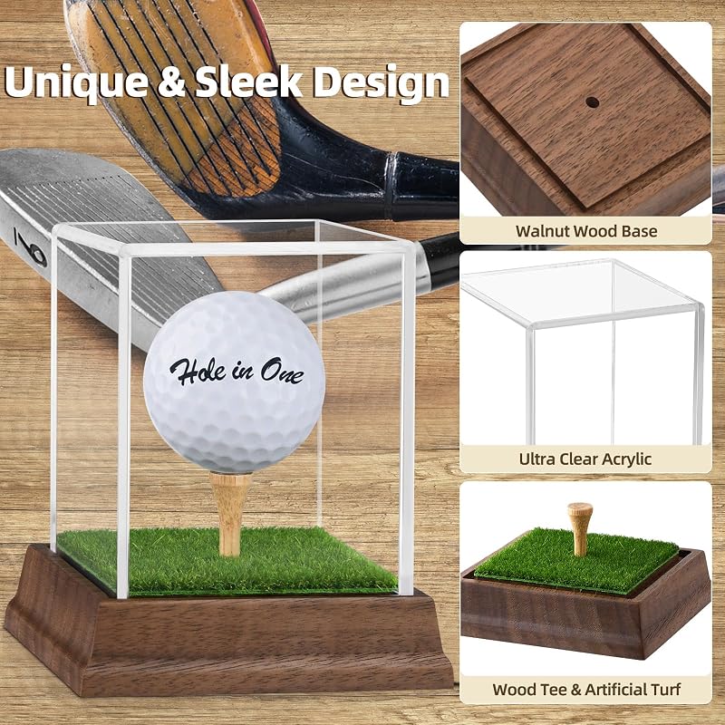 Hole In One Golf Ball Display Case with Walnut Base and UV-Protected Acrylic Cube - 1 Ball