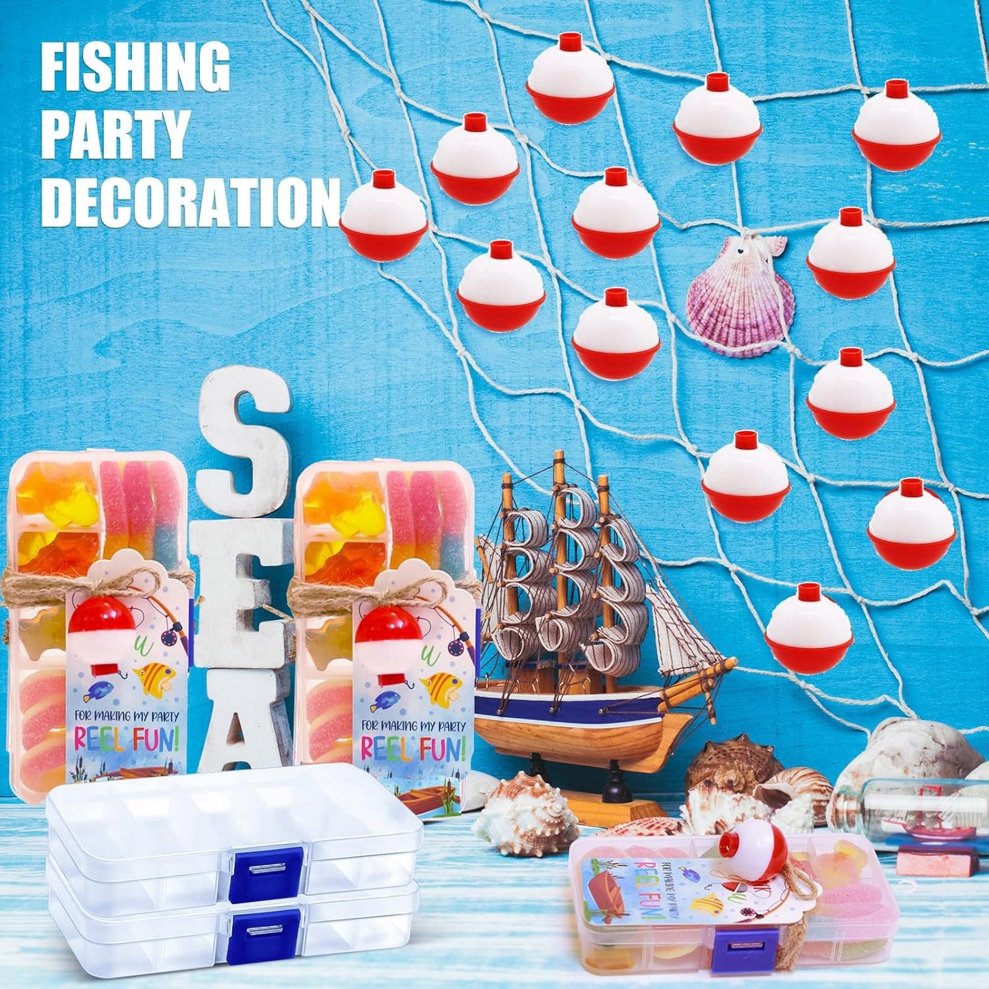 24 Set Fishing Candy Little Tackle Boxes for Birthday Party Favors with 24 Fishing Bobber 24 Thank You Cards for Making My Party Reel Fun Gone Fishing Theme Supplies Fishing Decorations (24)