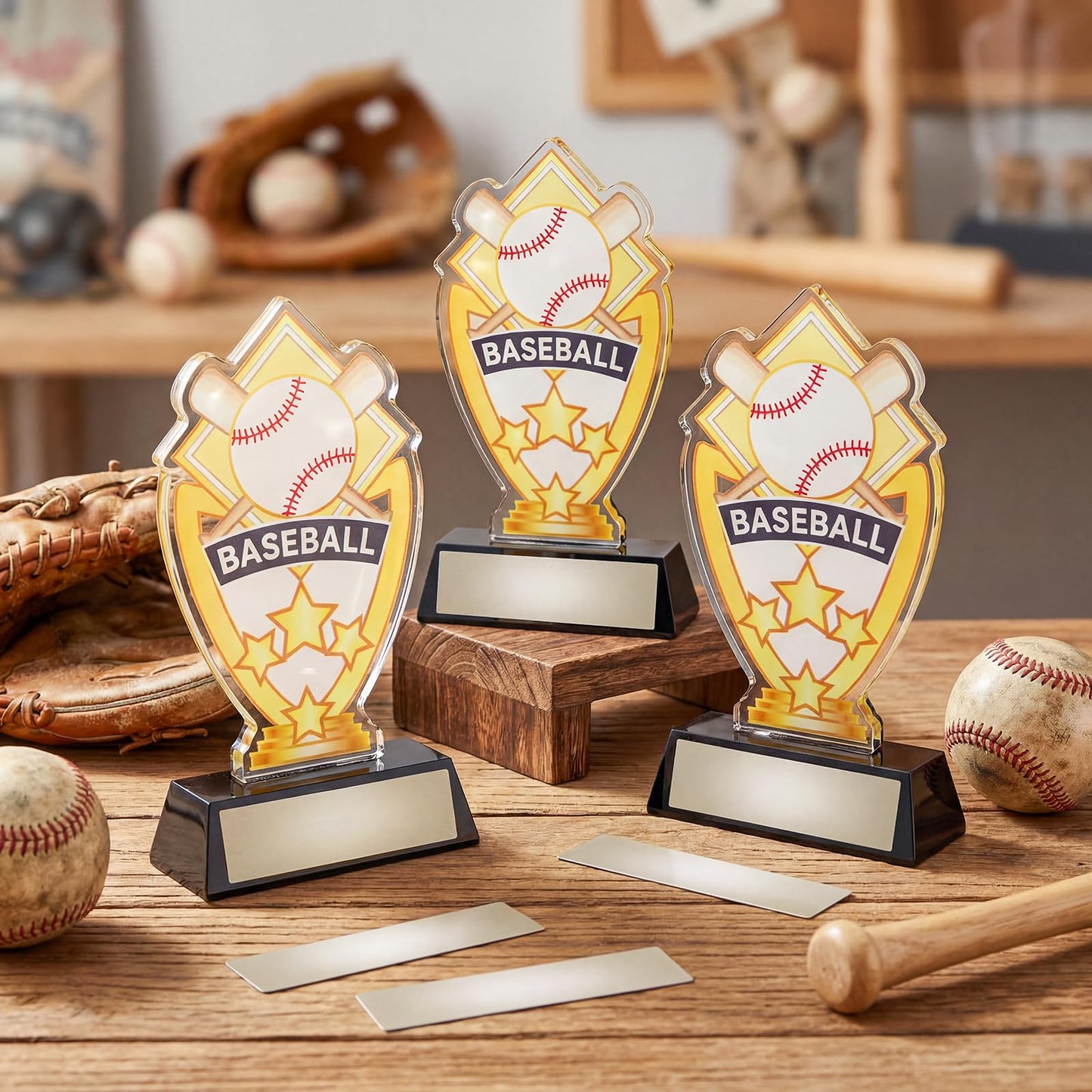 Gerrii Acrylic Trophies Awards with DIY Name Stickers Pack of 3 Champion Trophy Medals Team Reward Gift for Basketball Softball Baseball Competition Contest Tournament, 5.8/6.14/6.38inch