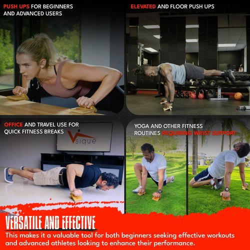 The Vsique Push Up Trainer for Proper Form - Wooden Ergonomic Push Up Grips Reduce Wrist, Joint Strain & Discomfort - Wrist-Friendly Design for All Fitness Levels - Push Up Grips for Floors & Counters