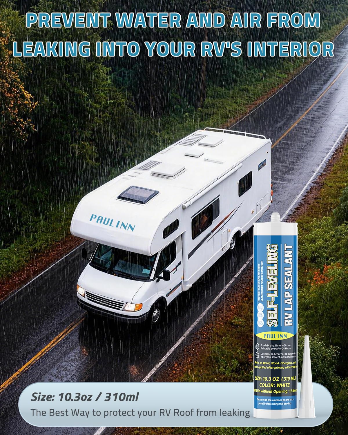 PAULINN Self Leveling Lap Sealant White, RV Roof Sealant for Camper Repair, RV Caulking, Rubber Roof EPDM, Flexible, UV & Waterproof, no Smell and Safe for RV Indoor use, 4 Packs