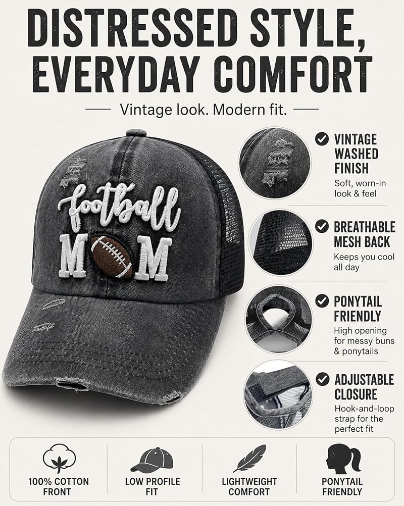Football Mom Distressed Ponytail Trucker Hat for Women - Black