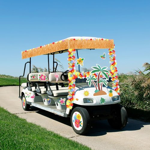 Zeyune 19 Pcs Summer Parade Golf Cart Decorations Kit Hawaiian Luau Grass Fringe Banner 19.7 ft Plastic Flower Lei Garland Summer Luau Stickers for Golf Cart Summer Theme Decorations